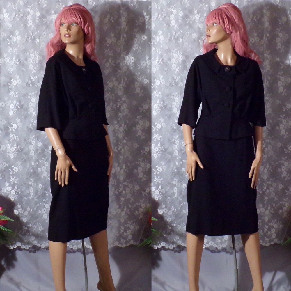 Vintage 60s Black Skirt Suit Size Small 1960s Retro Wool Hudson's New Look Chic